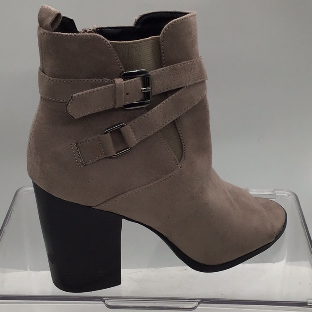 London Rag Taupe Peep Toe Buckle Heeled Ankle Boot
